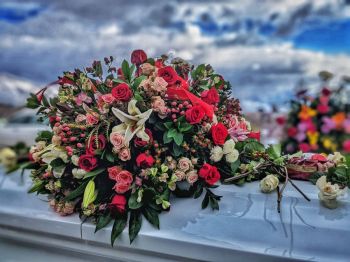 funeral service Photos on casket  