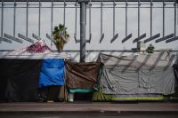 refugees eviction A homeless encampment on the streets of Downtown Los Angeles. 