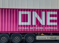 Dockers Ocean container on a trailer at container terminal in Frankfurt Main 