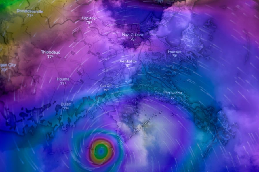 weather forecast Double exposure of Hurricane Ida approaching New Orleans on August 29, 2021. weather,new orleans,usa