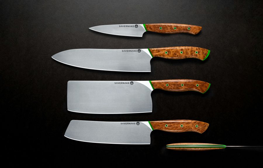 knife Custom knife set with mallee burr handles and neon green resin liner