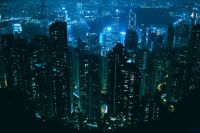 Sci fi Hong Kong skyline by night city,urban,city lights