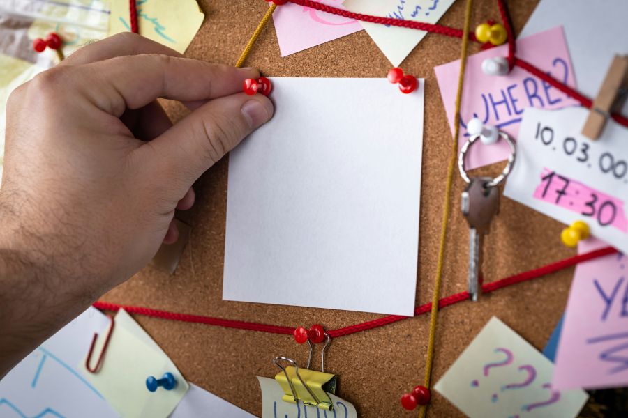 missing person search concept. Close-up view of a detective board with evidence. In the center is a empty mock up white sheet attached with a red pin