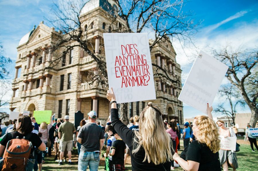 protest eviction A poignant protest sign seen at the March for Our Lives rally in Denton, Texas. 