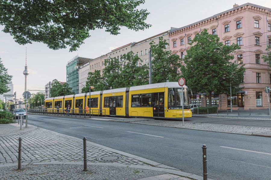 tram heat Tram in Berlin, Germany with the television tower in the background.  
