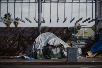 Violence Homelessness A homeless encampment on the streets of Downtown Los Angeles.