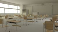 Schools Classrooms 3D classroom with chalkboard, table, chairs, panel and cabinet, front view illustration  rendering school,chair,table