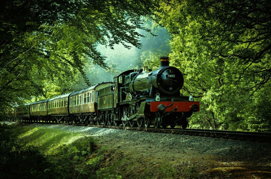 Train I love steam trains and out walking in Worcestershire beside the River Severn heard a steam train on the Severn Valley Railway. It was spring, the trees had burst into life and in a small clearing, the sun shone through the tree canopy. The train approached and I quickly took this shot. It took me straight back to my childhood when steam ruled. just look at the colours of engine and coaches fitting perfectly with the colours of spring!