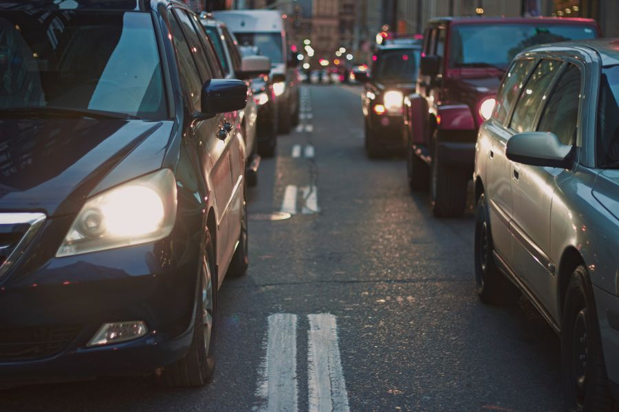 Traffic Rows of car headlights 