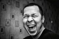 laughter Man laughing. Authentic black and white portrait.