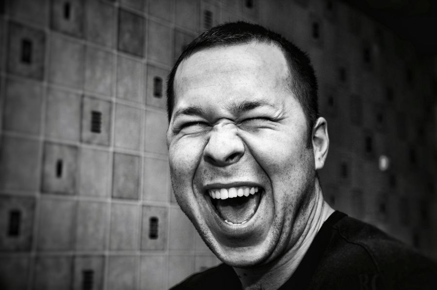 laughter Man laughing. Authentic black and white portrait.