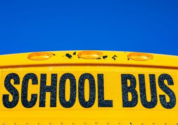 school scandal lettering saying school bus on the front of a yellow bus