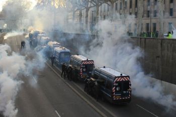 Yellow vests Gilets jaunes, yellow vests protests, january 2019 in Lyon, France. Many clashes against police and gendarmerie, with tear gas