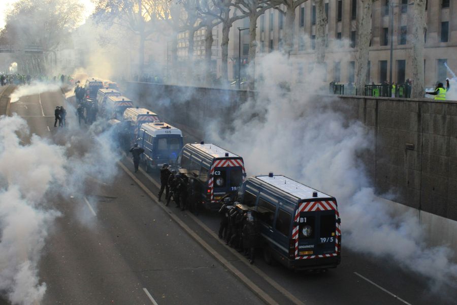 terrorist attack Gilets jaunes, yellow vests protests, january 2019 in Lyon, France. Many clashes against police and gendarmerie, with tear gas attack,yellow vests mouvement,gilets jaunes