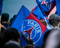 PSG Mbappé A fan flying the Paris Saint-Germain, PSG flag blue,flag,football