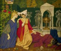 Princess Kate Changing the Letter, 1908, by Joseph Edward Southall. The subject is taken from the poem 'The Man Born to be King' from William Morris's 'The Earthly Paradise'. The sealed letter is addressed 'To The Governor' art,pigeon,art movement