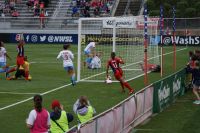 Soccer match Franny Ordega scores a goal against The Chicago Red Stars at The Maryland Soccerplex. She ended up crashing into the rear of the net when it was over maryland soccerplex,boyds,united states