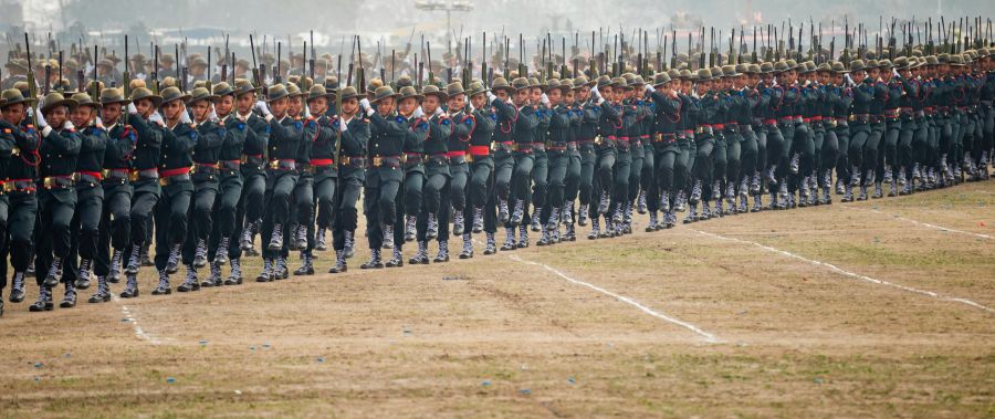 Military parade Nepali Army Marching with Rifles at Kathmandu , Tudikhel in Nepali Army Day 