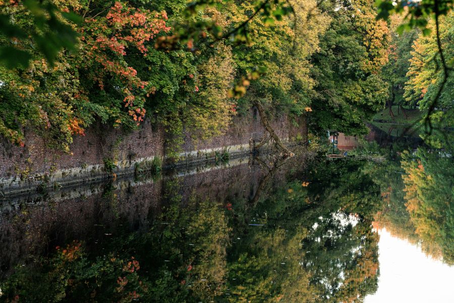 canal body Autumn trees reflect perfectly in the calm fort moat water of one of the 12 Königsberg forts in Kaliningrad, with stone embankment at the base. 
