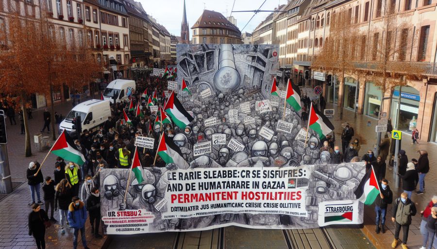 Sans texte ! Titre : Manifestation à Strasbourg pour la fin des hostilités et la crise humanitaire à Gaza - Contenu : Nouvelle manifestation ce 2 décembre à Strasbourg pour un cessez-le-feu définitif à Gaza. Le collectif Palestine 67 organise une marche a Title: Demonstration in Strasbourg for the end of hostilities and the humanitarian crisis in Gaza - Content: New demonstration on December 2 in Strasbourg for a permanent ceasefire in Gaza. The Palestine 67 collective organizes a march to call for the end of hostilities. As the fragile ceasefire ends on Thursday morning, this initiative aims to raise awareness about the situation in Gaza. Through this demonstration, the idea is also to alert people to the severe humanitarian crisis in the region No tag