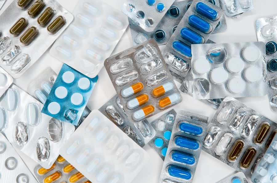 Antibiotics Antibiotiques pharmaceuticals in packages of different colors, antibiotics medicine tablets, colorful antibacterial tablets lie, fighting the virus. medication,pill,dose