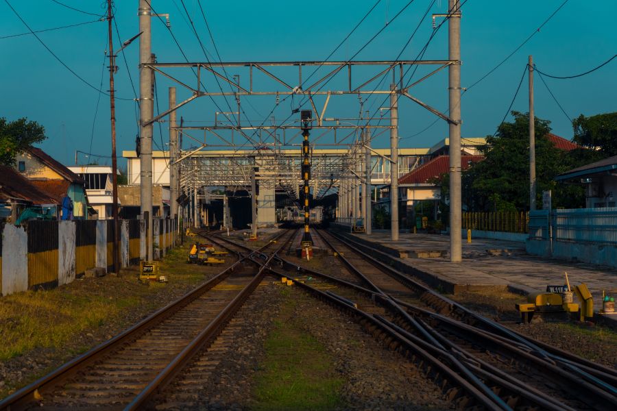 Train railway in the middle of stasiun balapan railtrack indonesia,central java,surakarta city