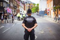 Police Crowds converging on Windsor to celebrate the Royal Wedding of Prince Harry and Meghan Markle. police,watchman,guard
