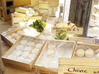 cheese farm Käsestand auf dem Wochenmarkt in Aix-en-Provence mit regionalen Spezialitäten wie Ziegenkäse, Comté und Beaufort. Zwischen rustikalen Holzkisten und handgeschriebenen Schildern zeigt sich die traditionelle französische Fromagerie-Kultur. 