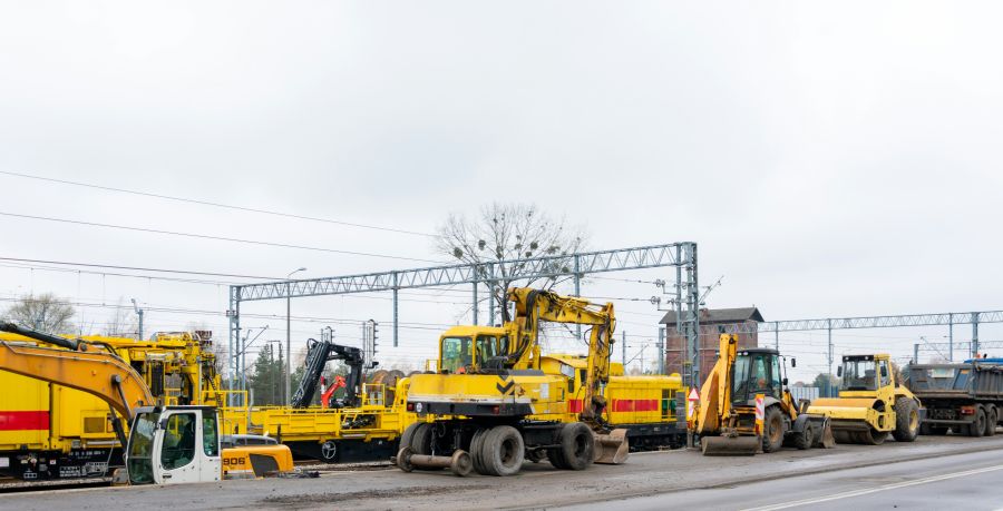 Tramway Construction Construction machinery during the renovation of railway tracks 
