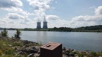 Nuclear power Nuclear plant cooling towers behind trash receptacle power plant,water,watts bar