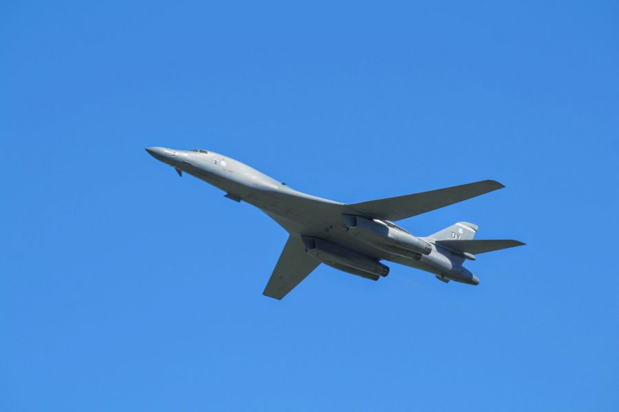 Defense B-1 in flight at an airshow. 