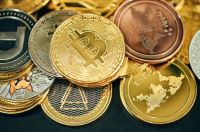 Bitcoin A pile of cryptocurrencies placed on a black background 