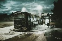 Accident Hélicoptère Bus fire bus stop,foam,extinguish
