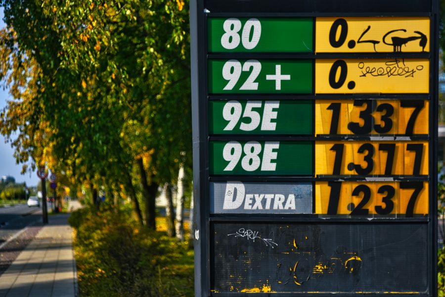 Diesel price Price list at the gas station, which indicates the prices for various types of fuel. Prices are listed in euros. Several types of gasoline are available: 92+, 95E, 98E, as well as diesel fuel Dextra. Abandoned and grunge. 