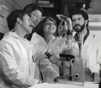 scientific discovery A group of scientists, 1 woman and 3 men, gather around a microscope to examine a tissue culture flask.
