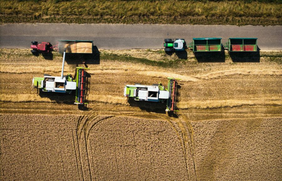 Farm vehicles Aerial views of two combine harvesters operating in a wheat field, transferring harvested grain into trailers pulled by tractors parked along an adjacent rural road. 