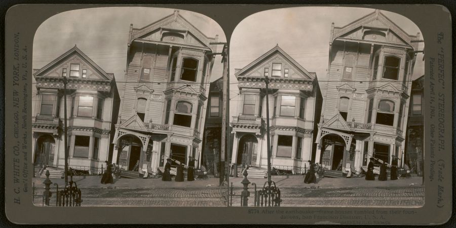 Earthquake tremor Stereo shows two Victorian houses that have fallen off of their foundations after the San Francisco earthquake in 1906. Created 1907 by H.C. White Co. https://www.loc.gov/resource/ppmsca.09834/ san francisco,earthquake,storm damage