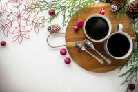 February warm Coffee & Christmas evergreen,ornaments,christmas tree