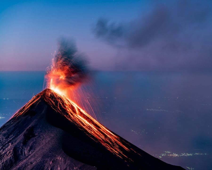 Volcano Eruption over Volcan de Fuego at sunrise seen from Acatenango nature,guatemala,volcán de fuego