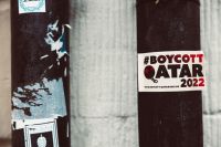 boycott #BOYCOTT QATAR FIFA World Cup 2022. Protest sticker against Human Rights Violation, Exploitation, Kafala System and Slavery. germany,upper franconia,bamberg