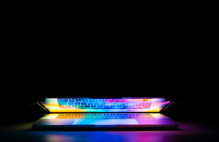 high speed Beautiful Modern Laptop Computer Notebook Glowing With Bright Colors At Night new york,computer,modern