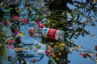 Lake pollution An empty bottle of water in a lake. 