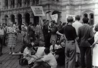 Teenager Arrested Student strike in front of the State Opera, Vienna, 1953 placard,protest,strike