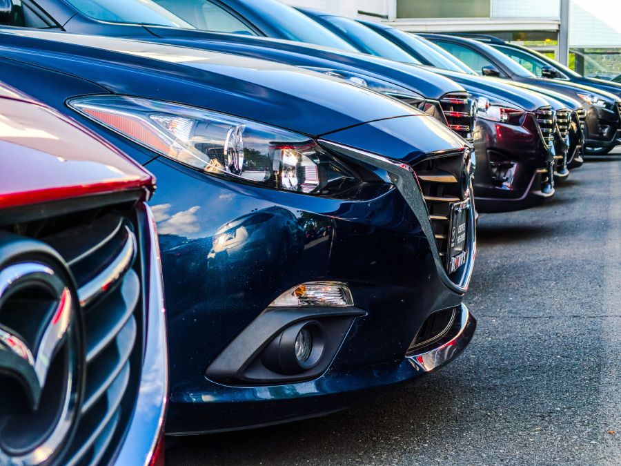 Automobiles A row of Mazda 3s at a dealership in Fairfax VA usa,united states,10620 fairfax blvd